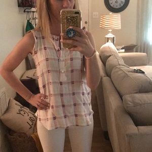 White, pink, blue and gold plaid shirt